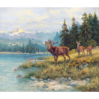 РЕПРОДУКЦИИ НА КАРТИНИ Стадо елени с ревящ елен край брега на езеро (1920)